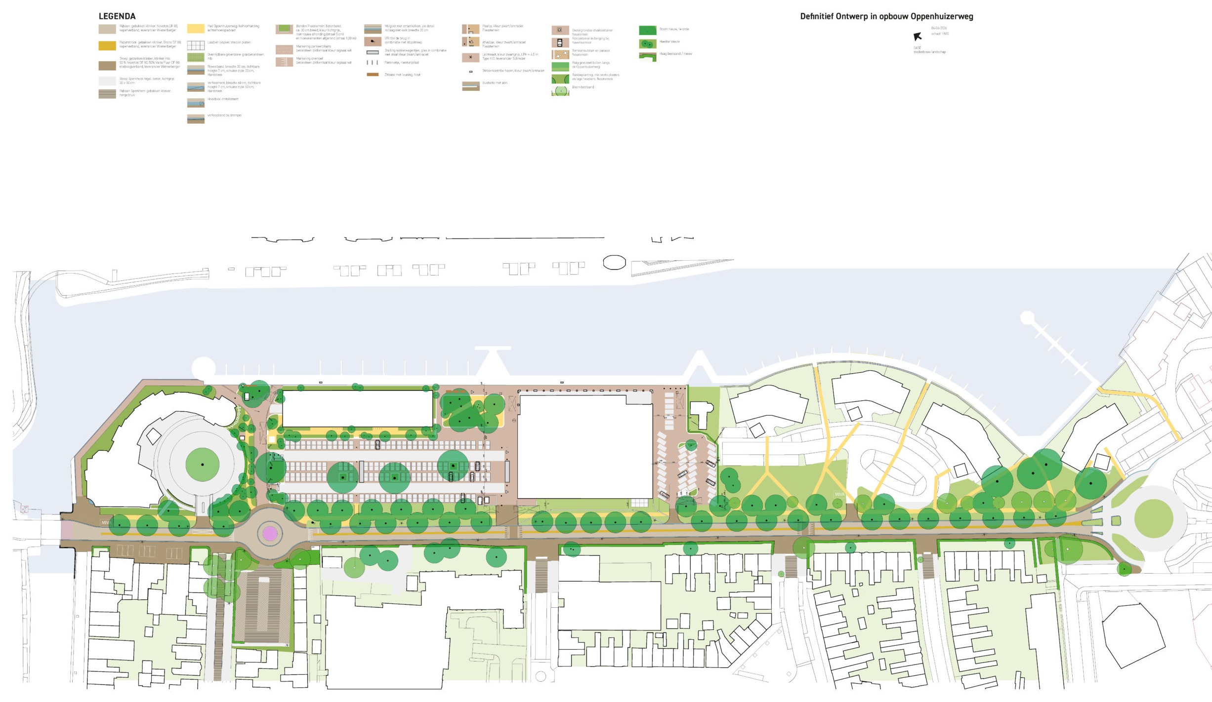 Ontwerptekening van de herinrichting van de Oppenhuizerweg, met de nieuwe rotonde, de dubbele bomenrijen langs de weg en het Flexaterrein aan de Houkesloot.